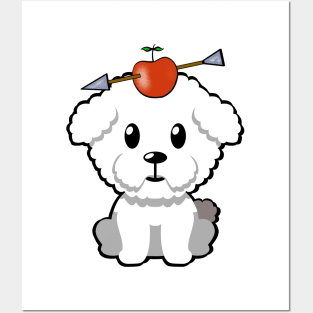 Cute furry dog has an apple and arrow on head Posters and Art